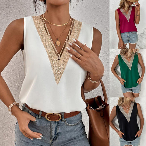 Women Elegant Satin V Neck Blouse with Elaborate Lace Trimmings Amarae