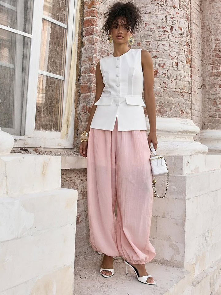 Women Lightweight Balloon Pants with Elastic Waistband, Drawstring & Ruched Ankle Cuff Amarae