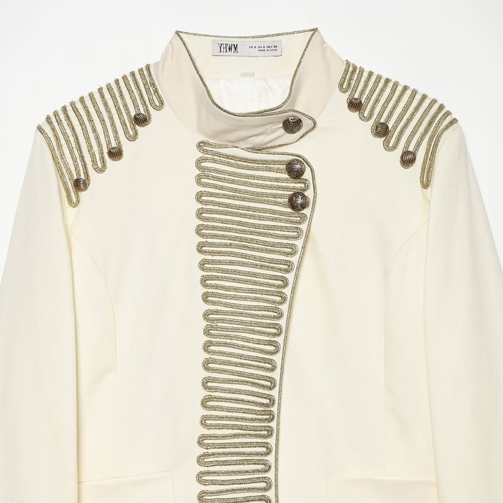 Women's Military Style Short Blazer with Decorative Trim and Stand-Up Collar Amarae