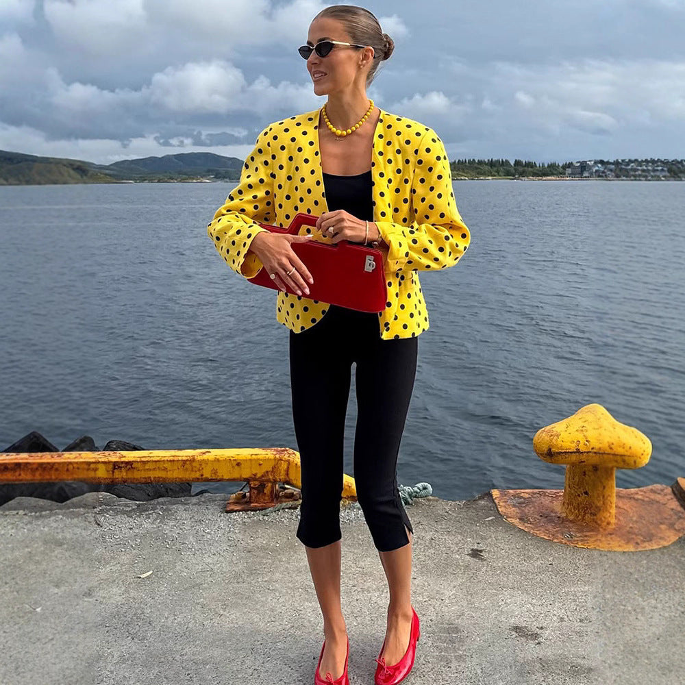 Women’s short blazer in vintage dot pattern, boxy cut & lightweight linen mix Amarae