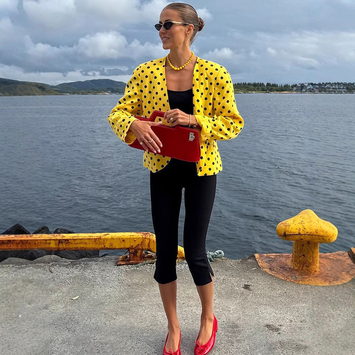 Women’s short blazer in vintage dot pattern, boxy cut & lightweight linen mix Amarae