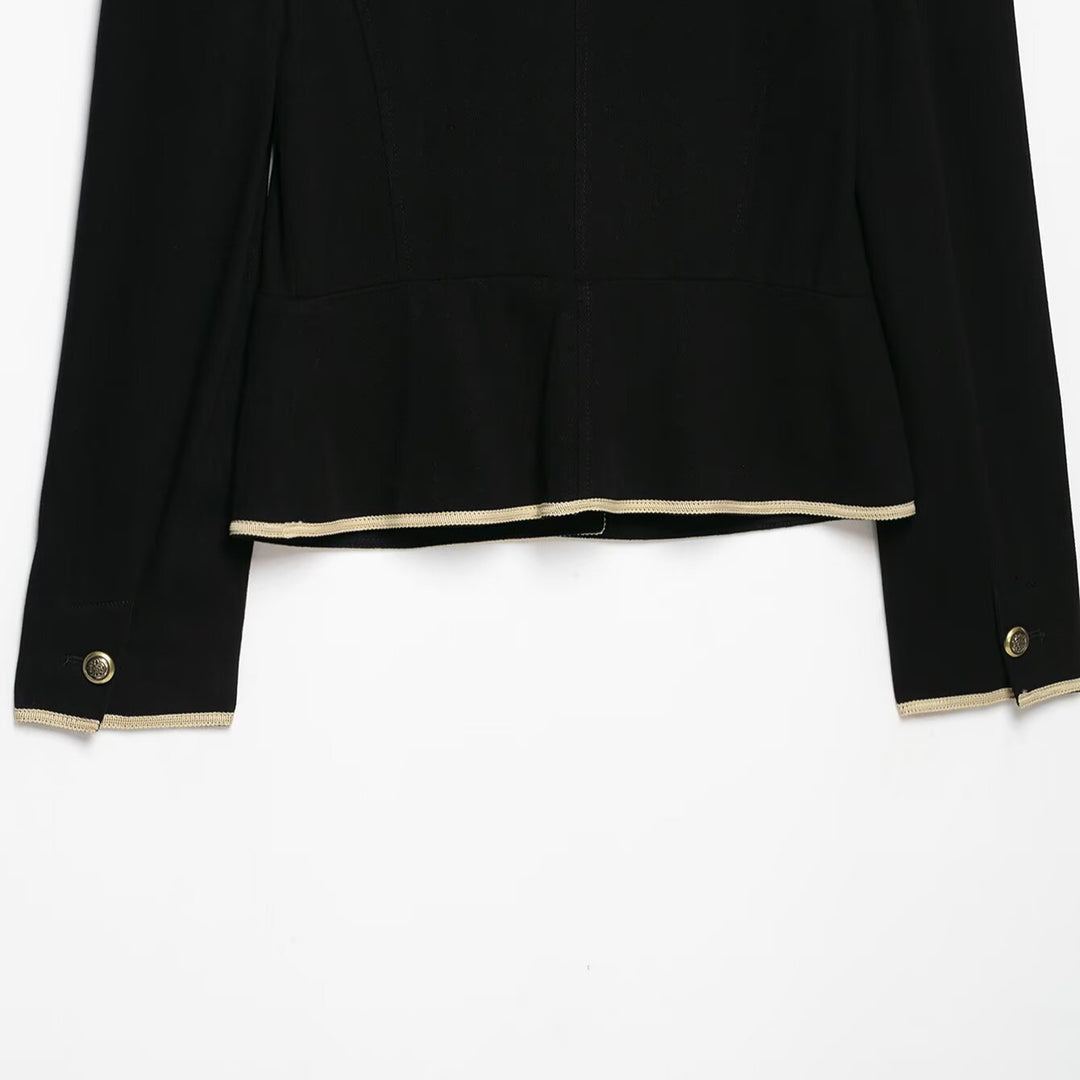 Women Cropped Short Blazer with Stand Collar, Decorative Piping and Medallion Buttons Amarae