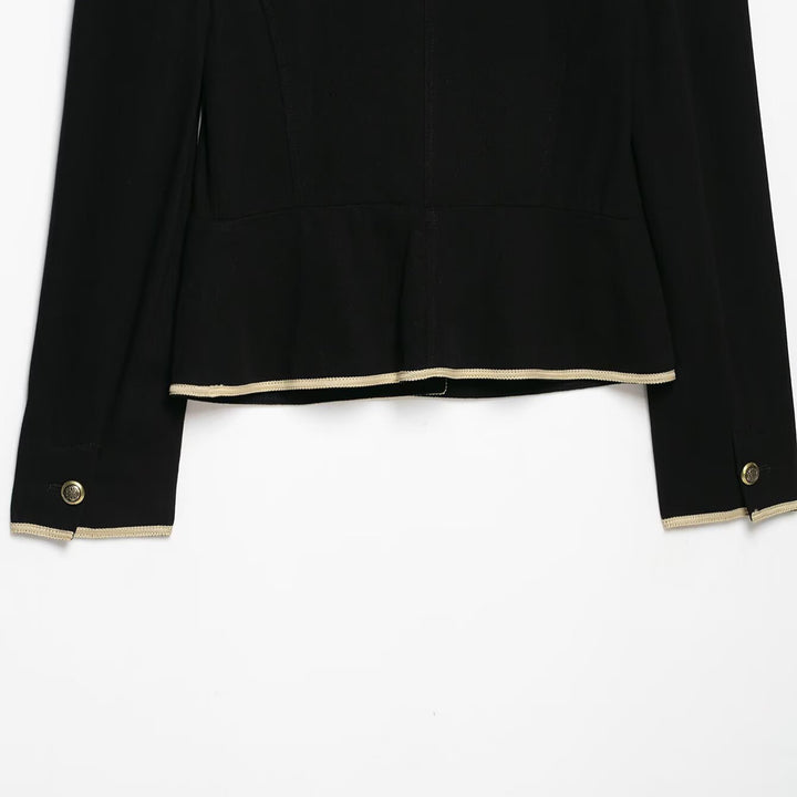 Women Cropped Short Blazer with Stand Collar, Decorative Piping and Medallion Buttons Amarae