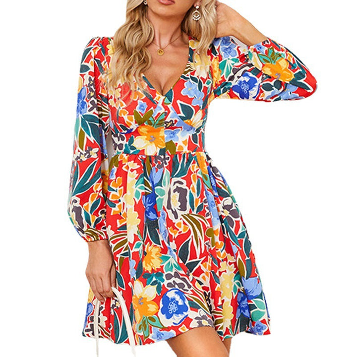 Short dress for women with narrow V-neck and long puff sleeves Lune London