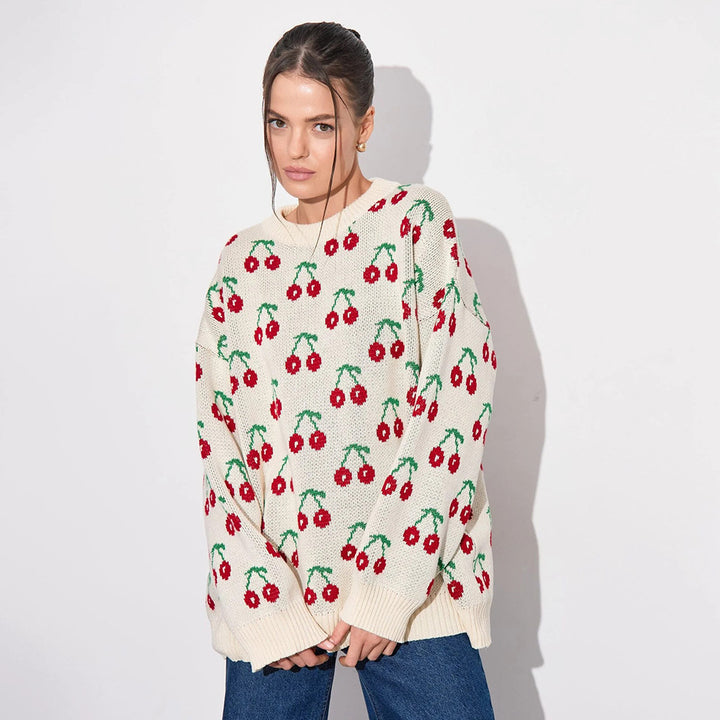 Ladies Cozy Knitted Sweater with Cherry Pattern Lune London