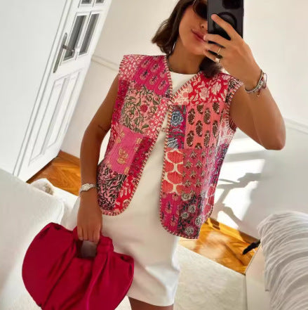 Women Quilted Vest with Romantic Toile Print, Striped Interior and Tie Ribbon Amarae