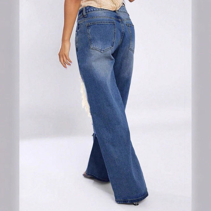 Women's extra wide cut destroyed jeans with XXL knee cutouts and low waistline Amarae