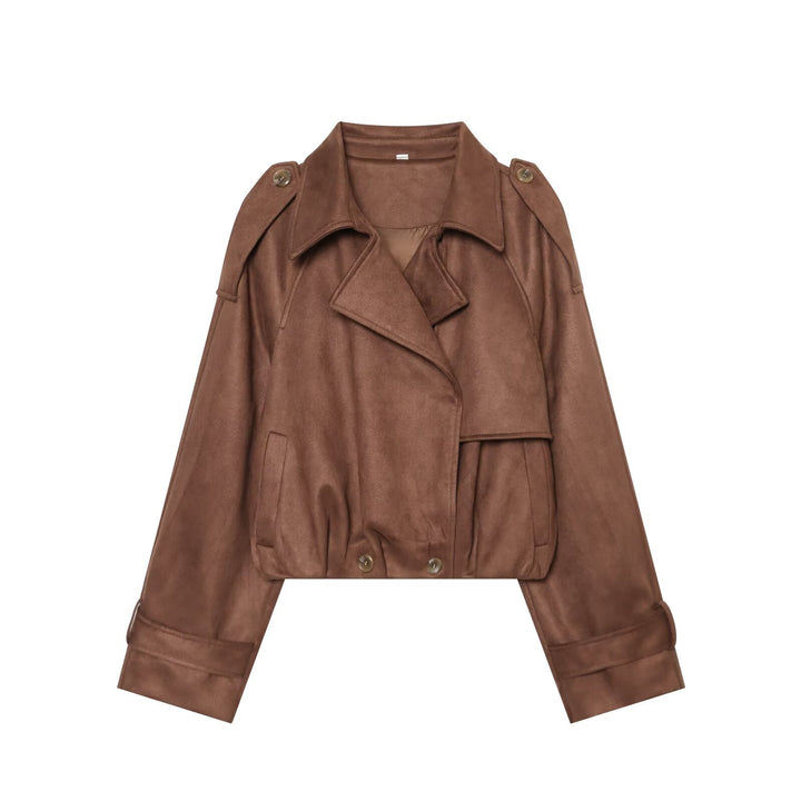 Women Short Cut Trench Jacket in Suede Look with Epaulettes and Buckle Cuffs Amarae