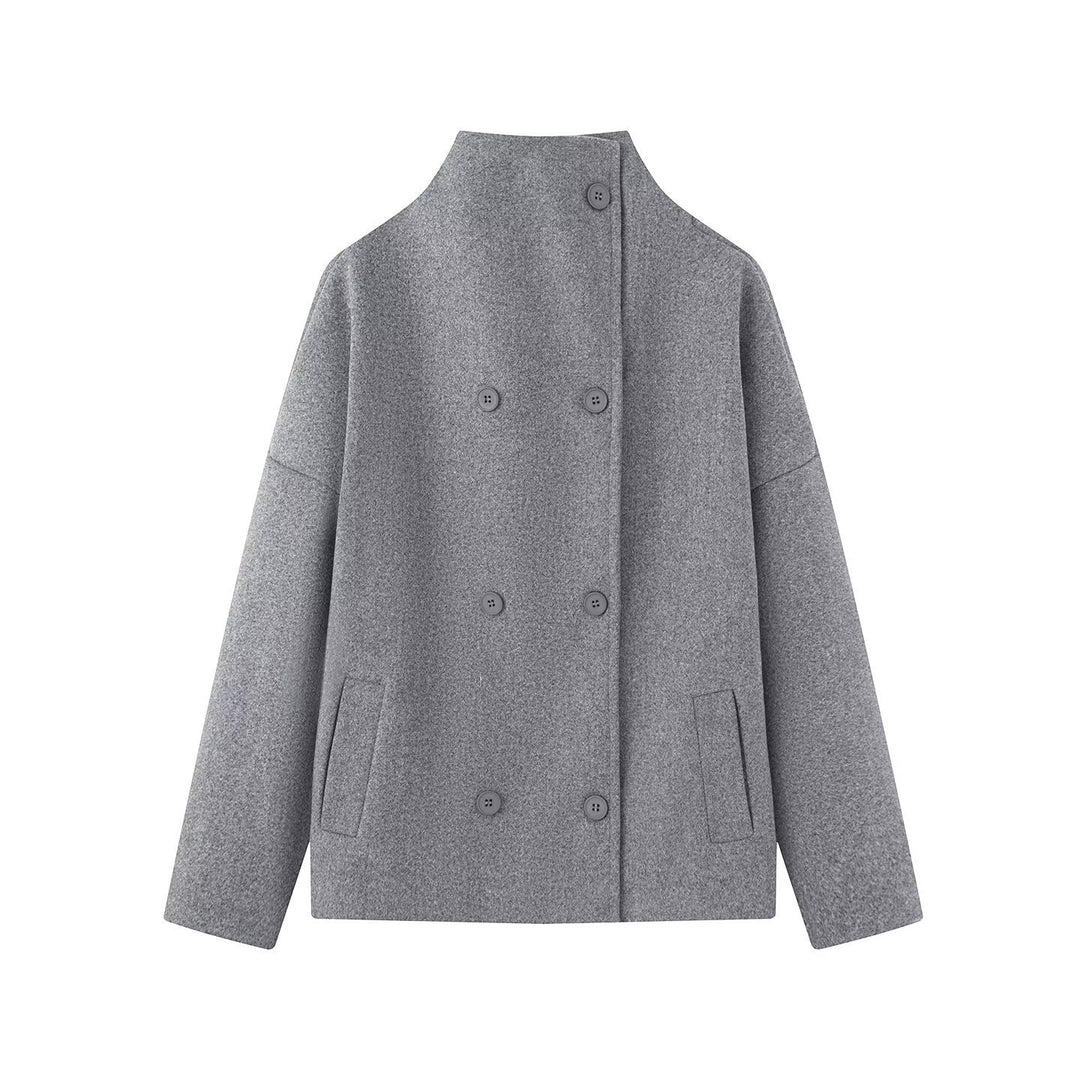 Women Short Cut Double Breasted Wool Blend Cocoon Coat with Stand-up Collar Amarae