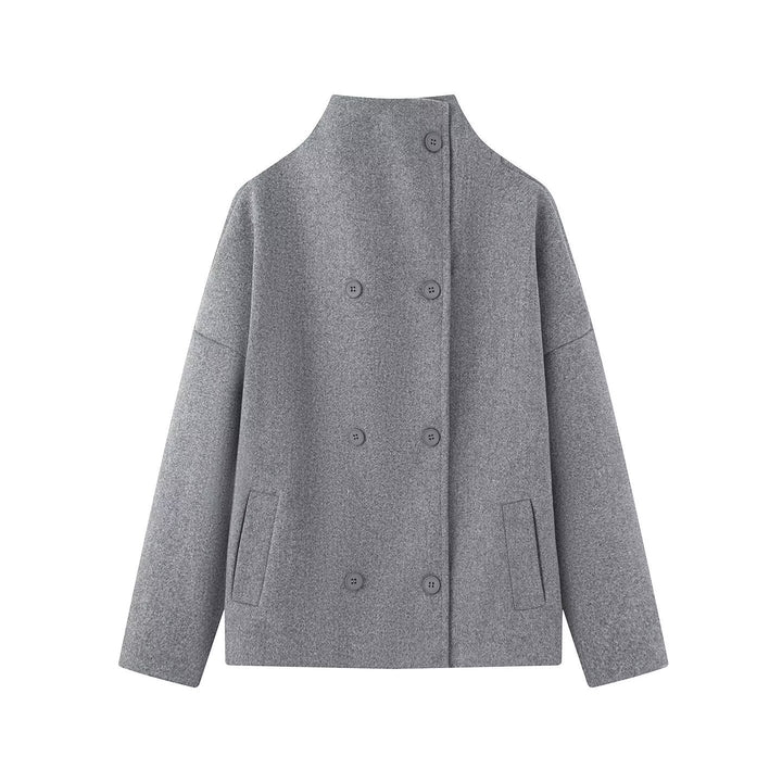 Women Short Cut Double Breasted Wool Blend Cocoon Coat with Stand-up Collar Amarae