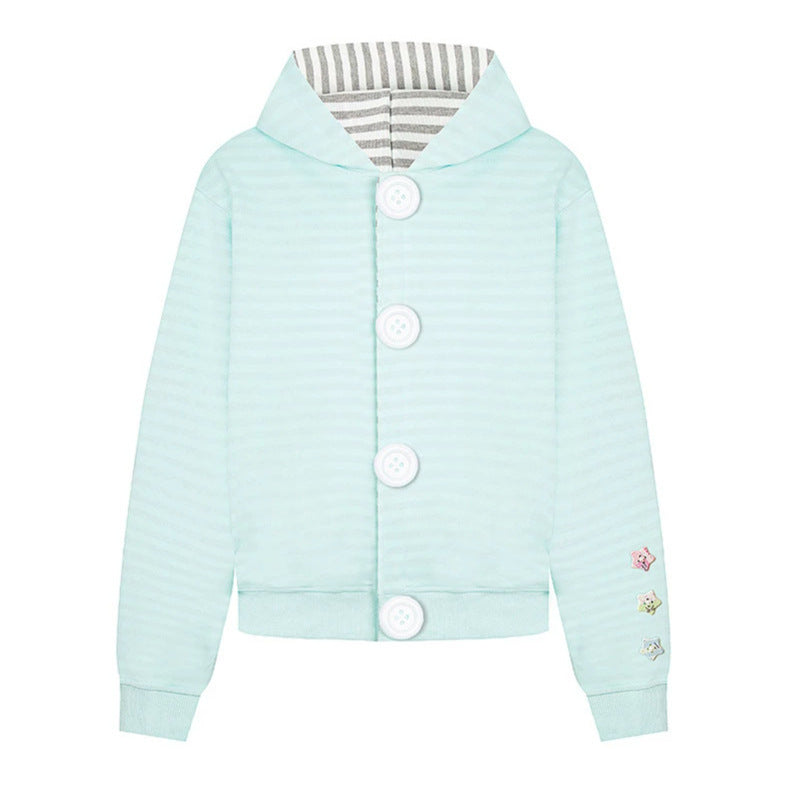 Women's hooded sweat jacket with oversized buttons, striped inner lining, and ribbed cuffs.