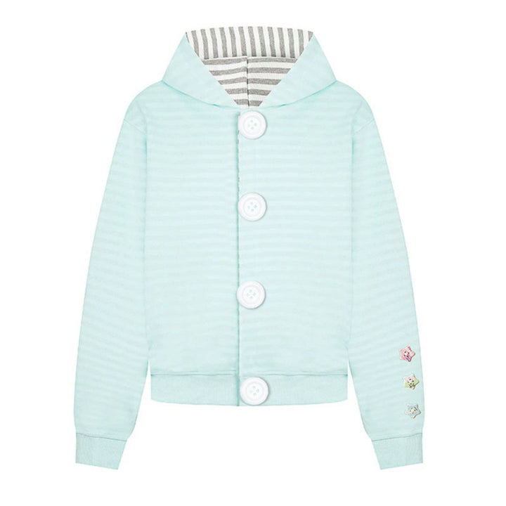 Women's hooded sweat jacket with oversized buttons, striped inner lining, and ribbed cuffs.