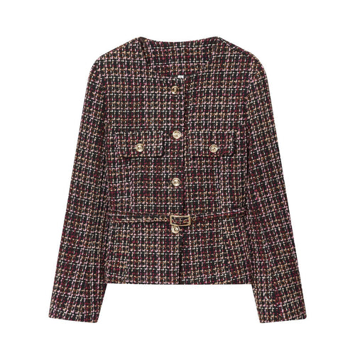 Veste en tweed élégante pour femmes avec boutons décoratifs et ceinture amovible Chic & Stil