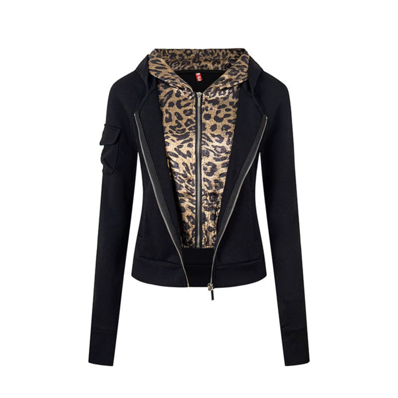 Women's Layered Look Zip Hoodie with Metallic Leopard Lining and Slim Silhouette Amarae