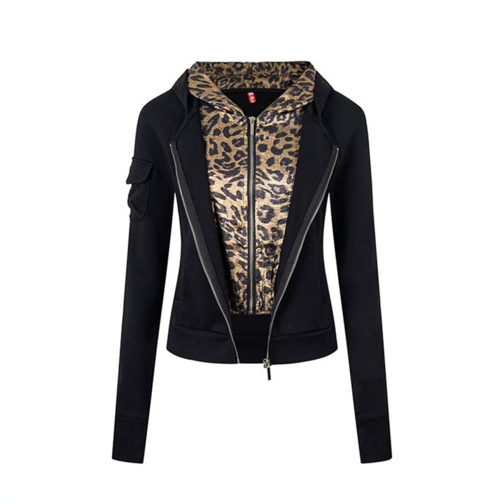 Women's Layered Look Zip Hoodie with Metallic Leopard Lining and Slim Silhouette Amarae