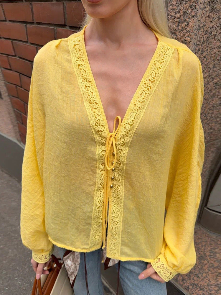 Women's Light V-Neck Lace Blouse with Tie, Pearl Detail & Volume Sleeves Amarae