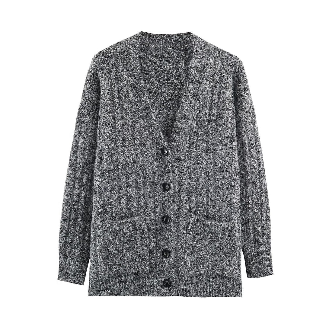 Women Large Knitted Oversize Cardigan with Cable Knit V-Neck and Patch Pockets Amarae