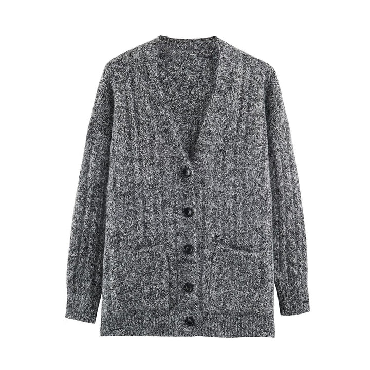 Women Large Knitted Oversize Cardigan with Cable Knit V-Neck and Patch Pockets Amarae