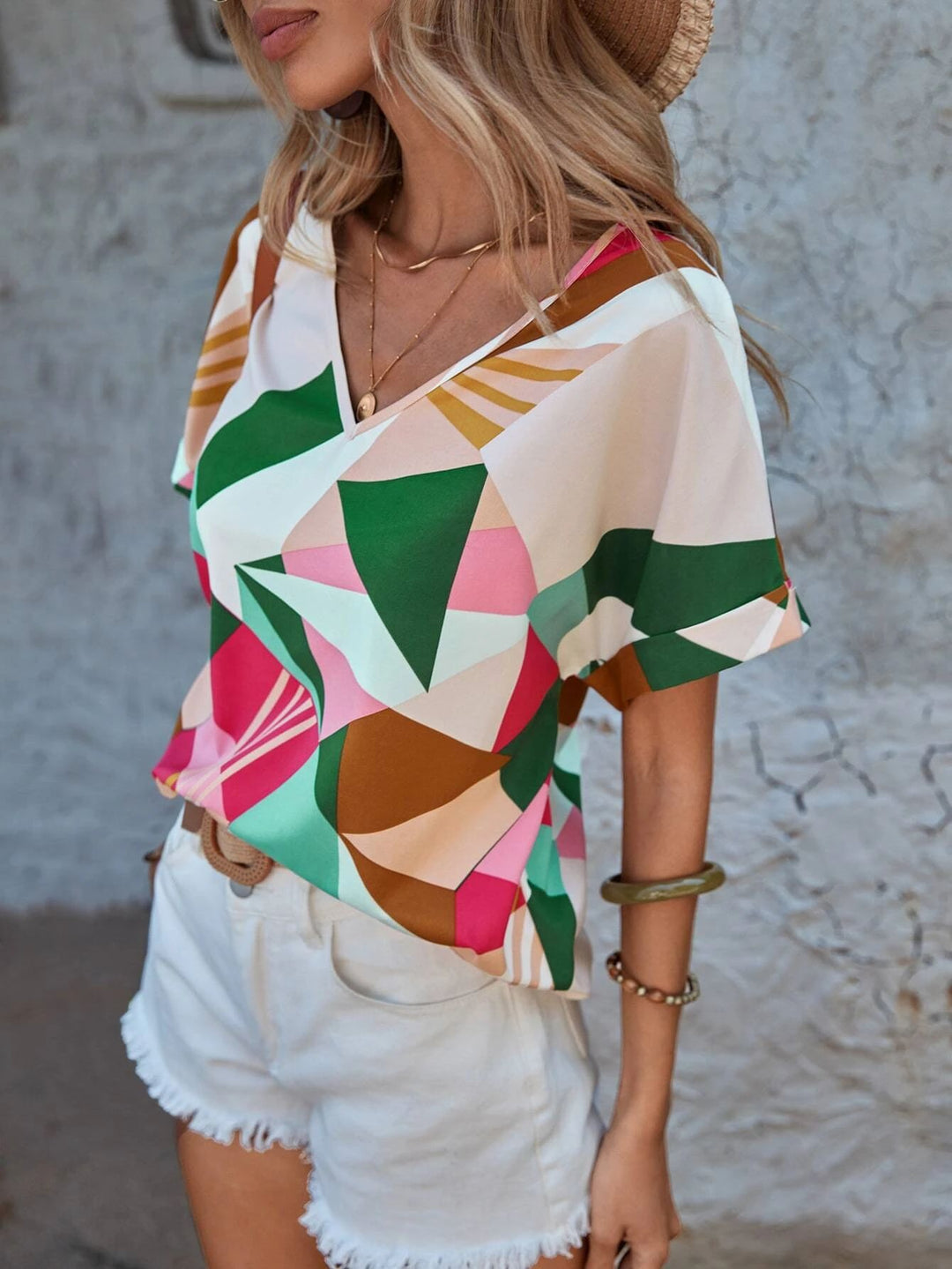 Ladies V-neck top geometric print Lune London