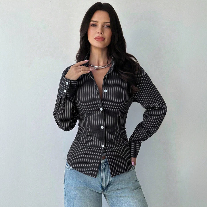 Women's Tailored Striped Shirt Blouse with Lapel Collar and Shaping Waist Amarae