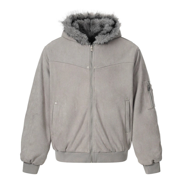 Women Padded Hooded Bomber Jacket with Faux Fur Lining, Velvet Outer Material and Zipper Amarae