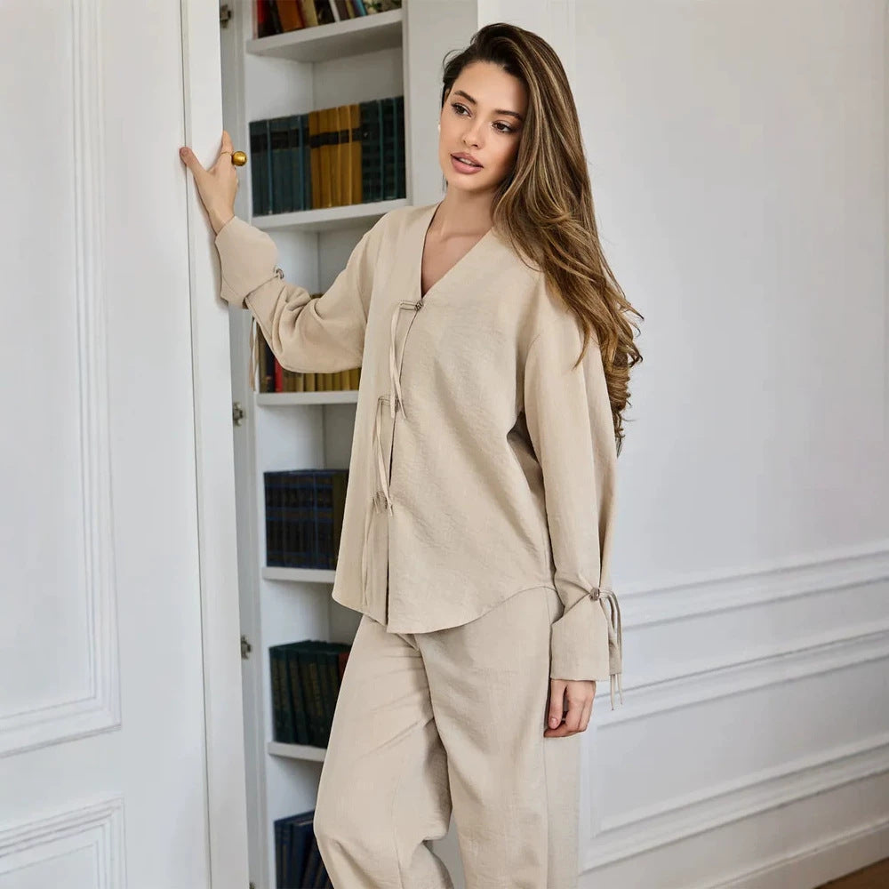 Women's Casual Lounge Set with V-Neck, Button Placket and Drawstrings Amarae