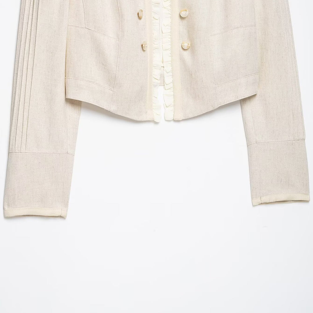 Women Cropped Jacket with Stand Collar, Pleated Sleeves and Ruffle Trim Amarae