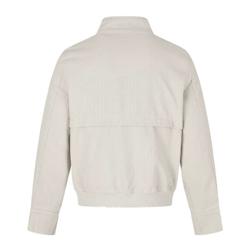 Women's short fitted bomber jacket with stand-up collar, decorative buckles, and flap pockets Amarae