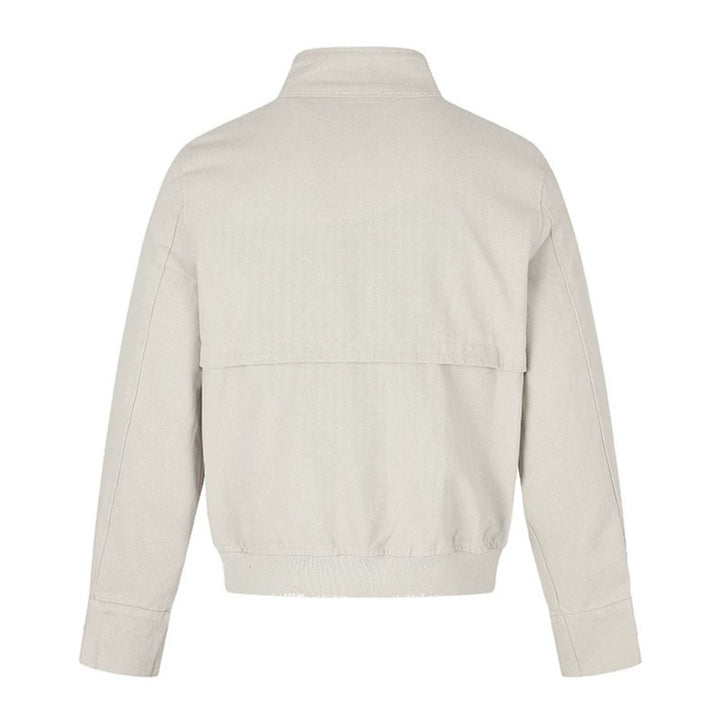 Women's short fitted bomber jacket with stand-up collar, decorative buckles, and flap pockets Amarae