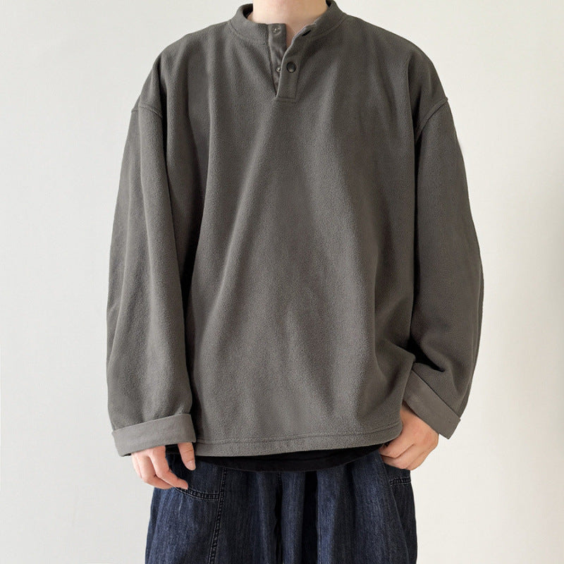 [Unisex] Oversize-Fleece-Henley-Pullover with half button placket, drawstring hem, and rolled sleeves Amarae