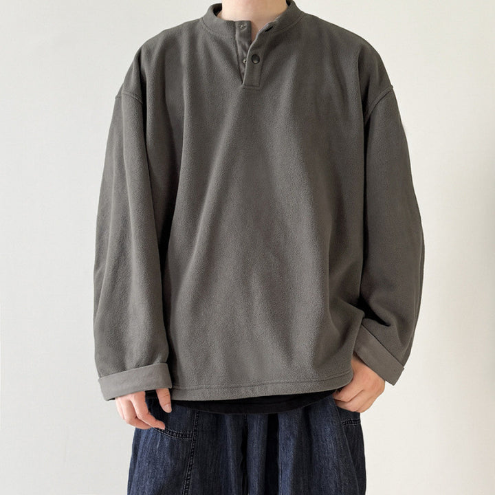 [Unisex] Oversize-Fleece-Henley-Pullover with half button placket, drawstring hem, and rolled sleeves Amarae