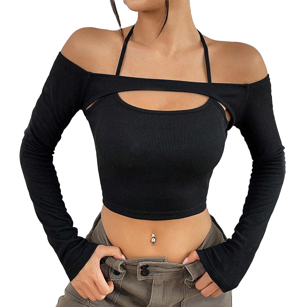 Haut court femme à épaules dénudées avec découpe asymétrique et manches longues Chic & Stil