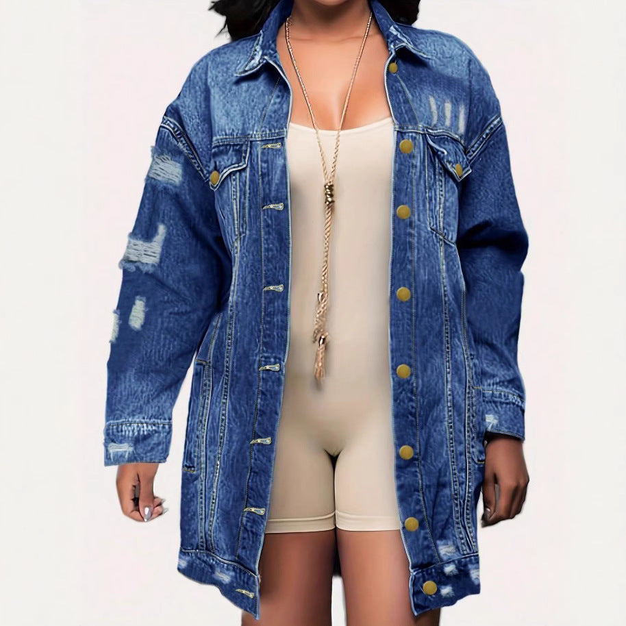 Women's Oversize Longline Denim Jacket with Distressed Details and Flap Pockets Amarae