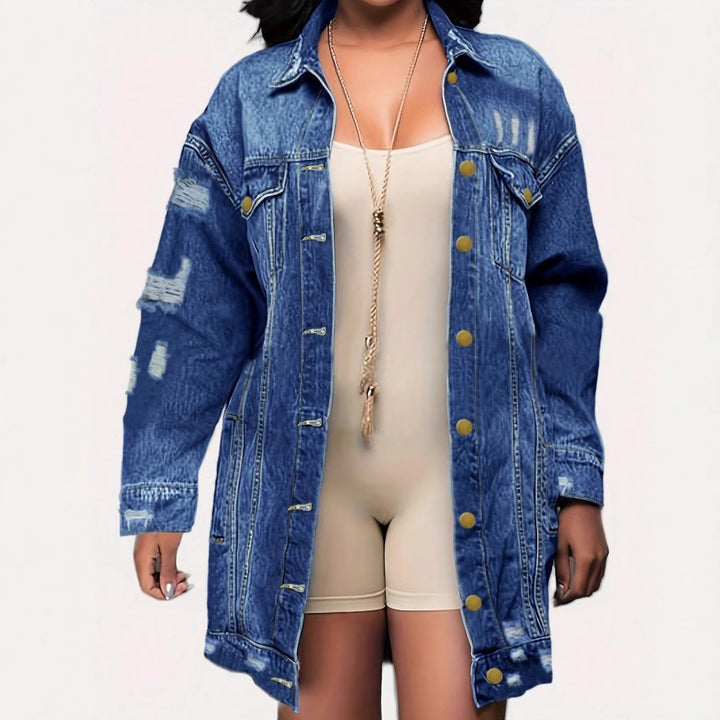 Women's Oversize Longline Denim Jacket with Distressed Details and Flap Pockets Amarae