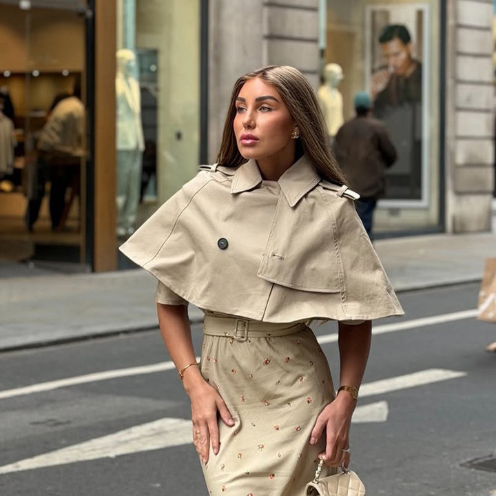 Women's Short Cape Trench with Lapel Collar, Double Button Placket and Boxy Cropped Cut Amarae