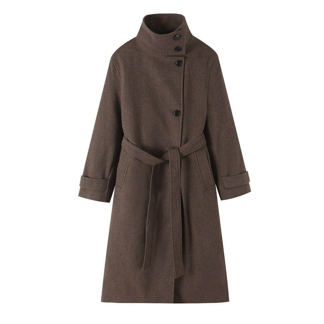 Women's wool coat with stand-up collar, tie belt and asymmetric button placket Amarae