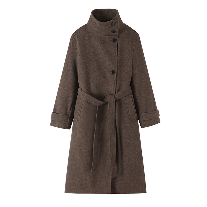 Women's wool coat with stand-up collar, tie belt and asymmetric button placket Amarae