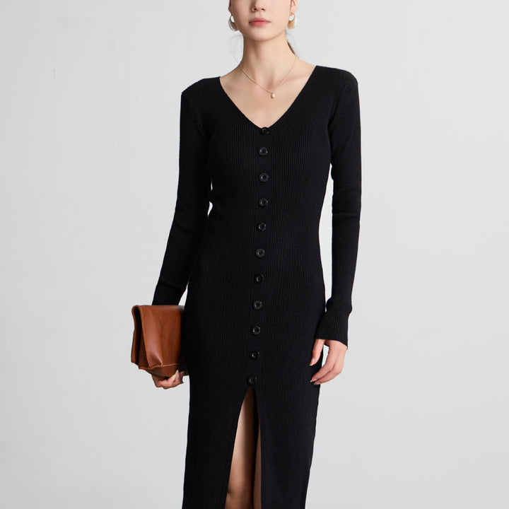 Ladies Long Sleeve Maxi Dress with Ribbed Structure and Button Detail Lune London