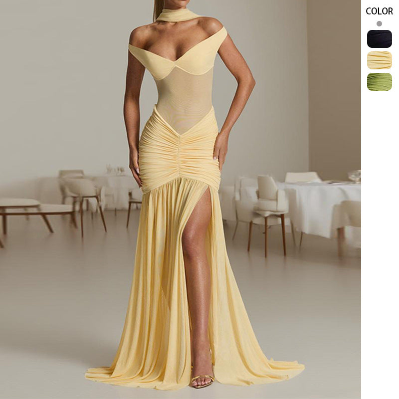 Women's figure-hugging evening dress with off-the-shoulder design and side slit Lune London