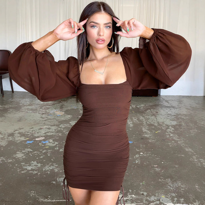 Women Figure-hugging Mini Dress with Puff Sleeves and Side Gathering Lune London