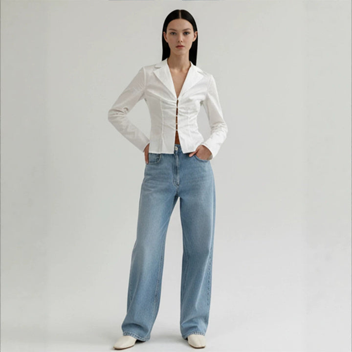 Women's Tailored Poplin Shirt Blouse with Corset Seams & Hook Front Amarae