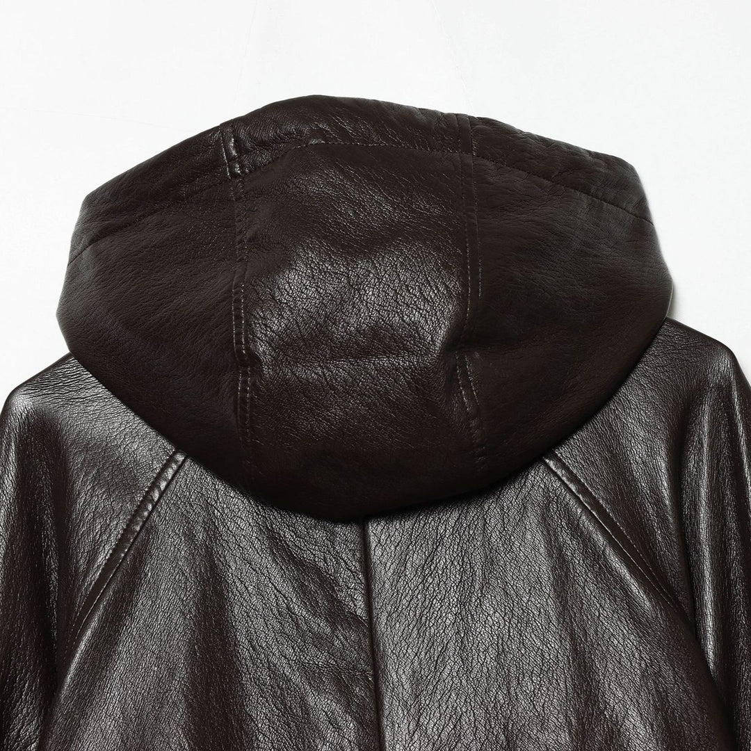 Women's Short Hooded Leather Look Bomber Jacket with Drawstring Hem Amarae