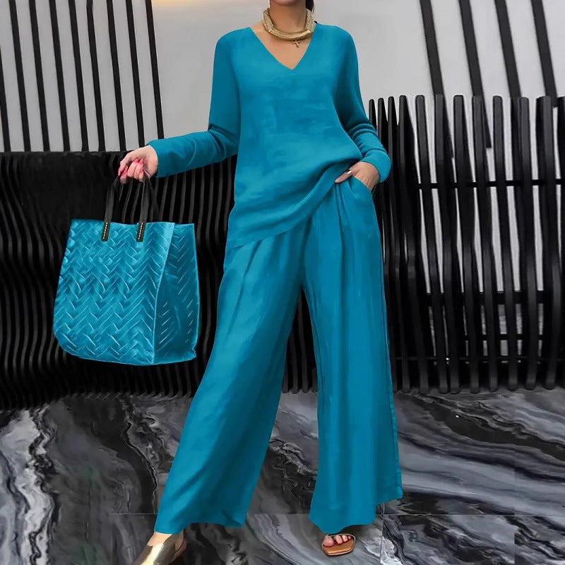 Women's Fine V-Neck Knit Sweater with Flowing Palazzo Pants Amarae