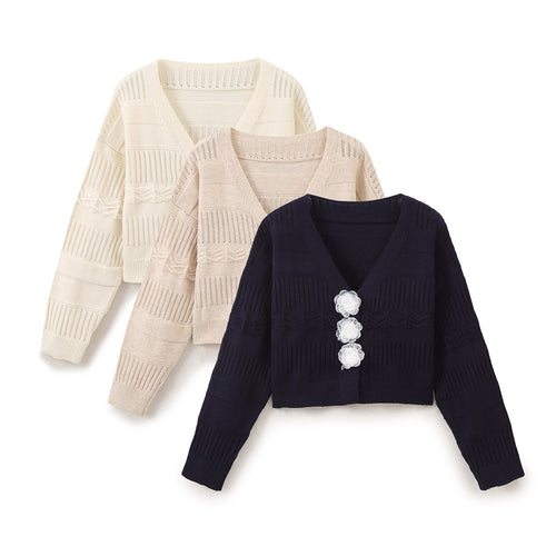 Ladies fashion sweater with romantic floral buttons and casual cut Amarae