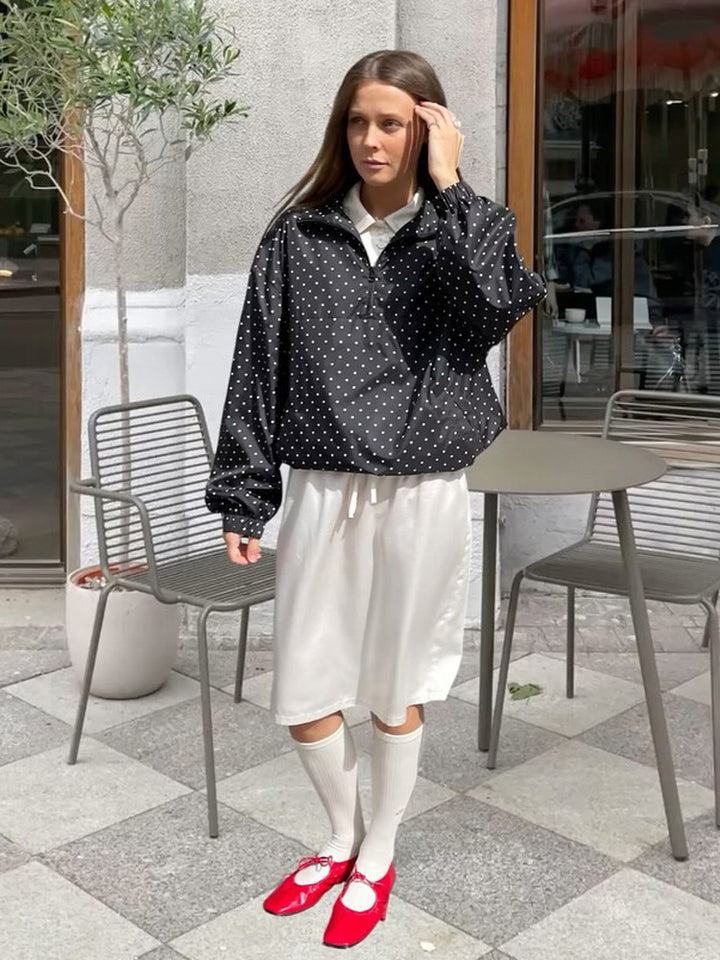 Women's Lightweight Polka Dot Half-Zip Transitional Jacket with Stand-Up Collar and Drawstring Amarae
