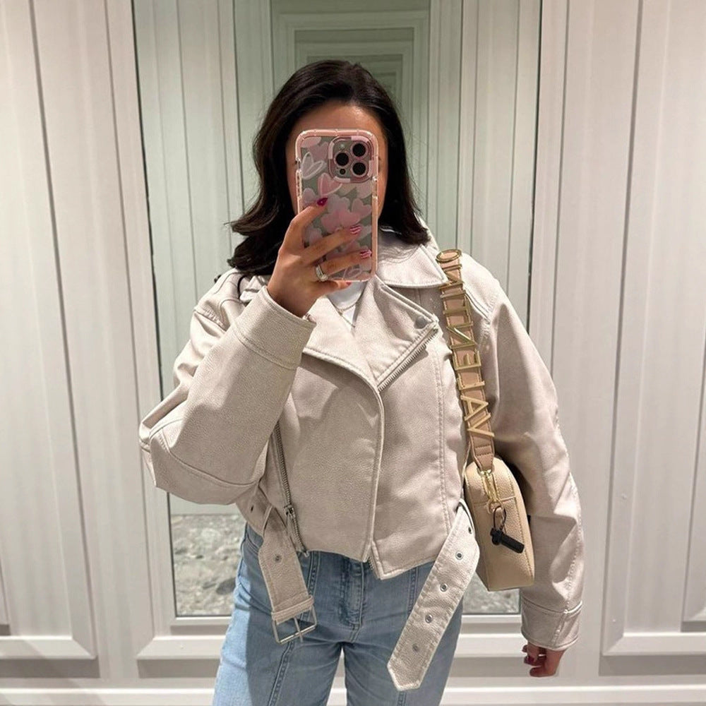Women Short-Cut Biker Jacket Made of Faux Leather with Waist Belt Amarae