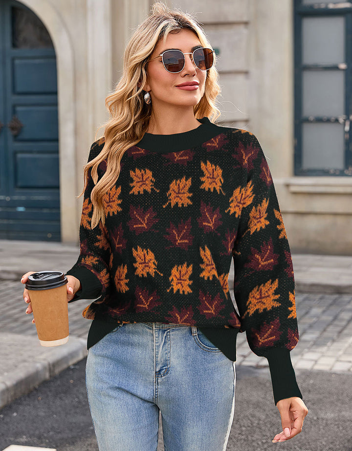 Pull en maille pour femmes avec motif de feuille d'automne Chic & Stil
