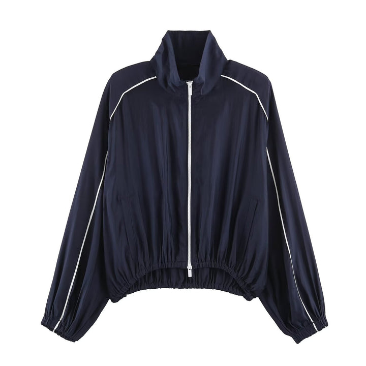 Women's Cropped Windbreaker Jacket with High Funnel Collar, Contrast Piping, and Elastic Hem