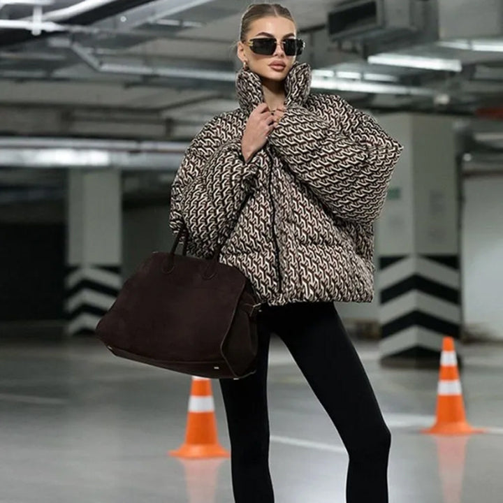 Women Short Quilted Oversized Quilted Jacket with High Shawl Collar Amarae