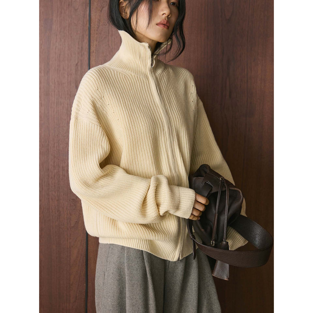 Women's chunky knit zip cardigan with high stand-up collar and dropped shoulder Amarae